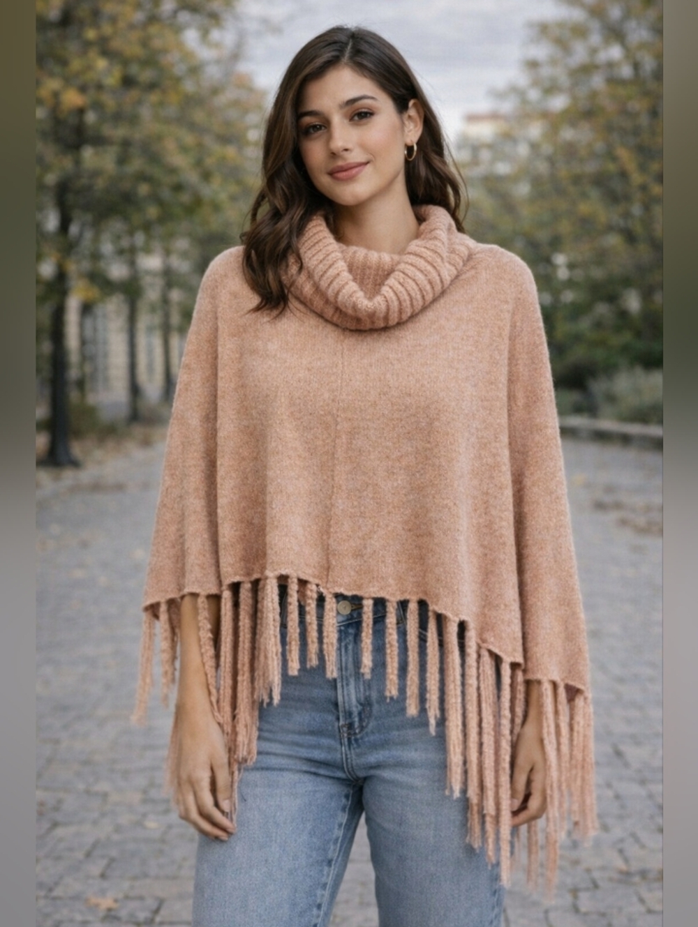 Britt's Knits Beyond Soft Chenille Cowl Neck Fringe Asymetrical Poncho Blush